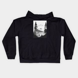 Silhouette of mountain and fog and pine forest Kids Hoodie